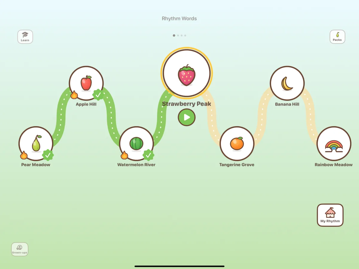 The Rhythm Words map: seven groves from Pear Meadow to Rainbow Meadow, with Learn, Packs, My Rhythm and Grown-ups buttons