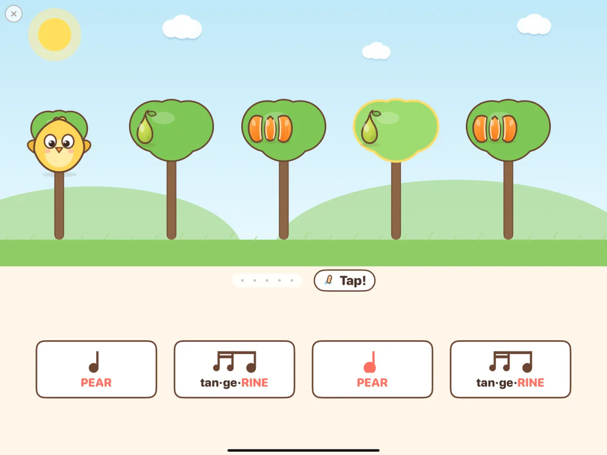 Rhythm Words in the Tap phase: a bar of pear and tan-ge-RINE cards, the fourth tree lit up, and the “Tap!” prompt